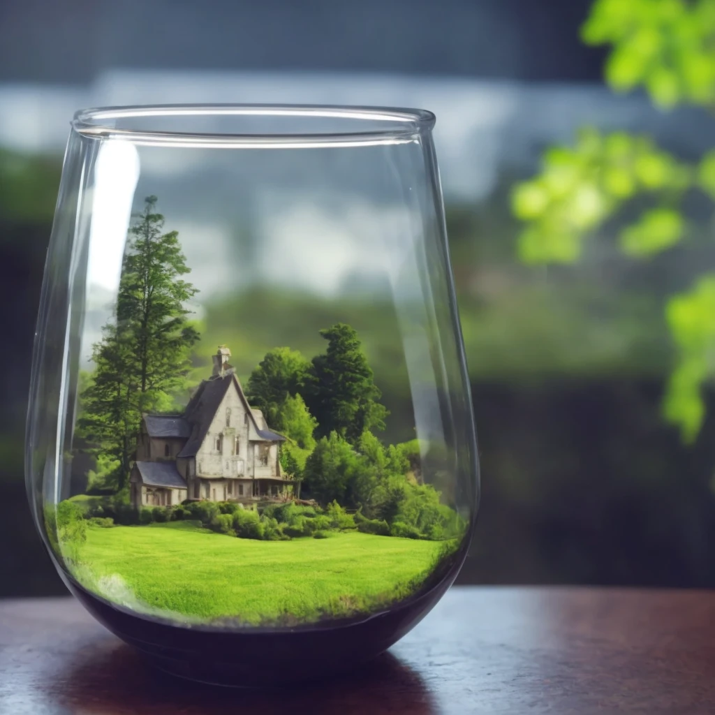 In a small circular glass jar, there are green mountains, rivers, grasslands, trees, flowers, and houses with a dark background that is blurry and no one has a light source on the top,<lora:aquarium:1>