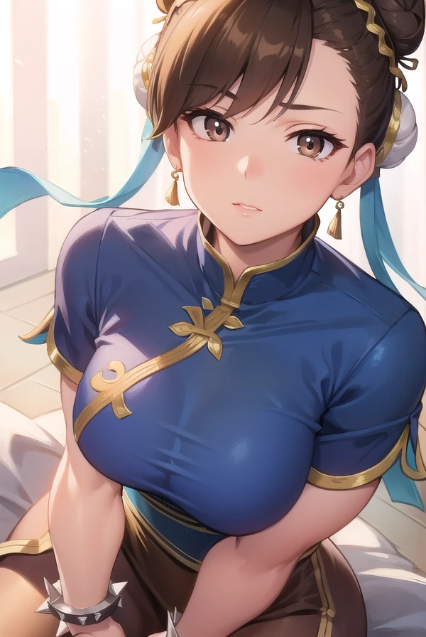 chunli, <lora:chun li v2-lora-nochekaiser:1>,
chun li, (brown eyes:1.7), brown hair, (bun cover:1.5), double bun, eyeliner, hair bun, lipstick, makeup, pink lips,
BREAK blue dress, boots, bracelet, brown pantyhose, china dress, chinese clothes, cross-laced footwear, dress, gold trim, jewelry, pantyhose, pelvic curtain, puffy sleeves, sash, short sleeves, side slit, spiked bracelet, spikes, white footwear,
BREAK outdoors,
BREAK looking at viewer, full body,
BREAK <lyco:GoodHands-beta2:1>, (masterpiece:1.2), best quality, high resolution, unity 8k wallpaper, (illustration:0.8), (beautiful detailed eyes:1.6), extremely detailed face, perfect lighting, extremely detailed CG, (perfect hands, perfect anatomy),