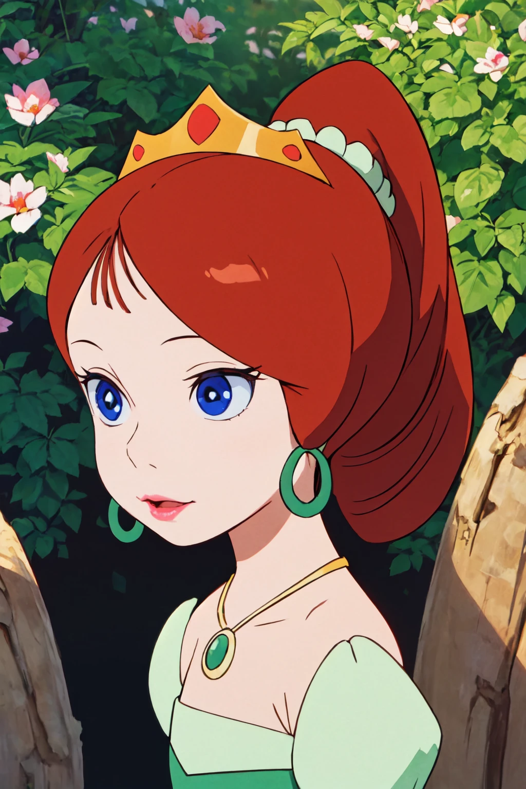 portrait, sharp focus, soft lighting, illustration, garden, depth of field, camille1, 1girl, solo, red hair, blue eyes, earrings, necklace, ponytail, tiara, green dress, pink lips, <lora:asanagi:0.35> <lora:camille1-000003:0.75>