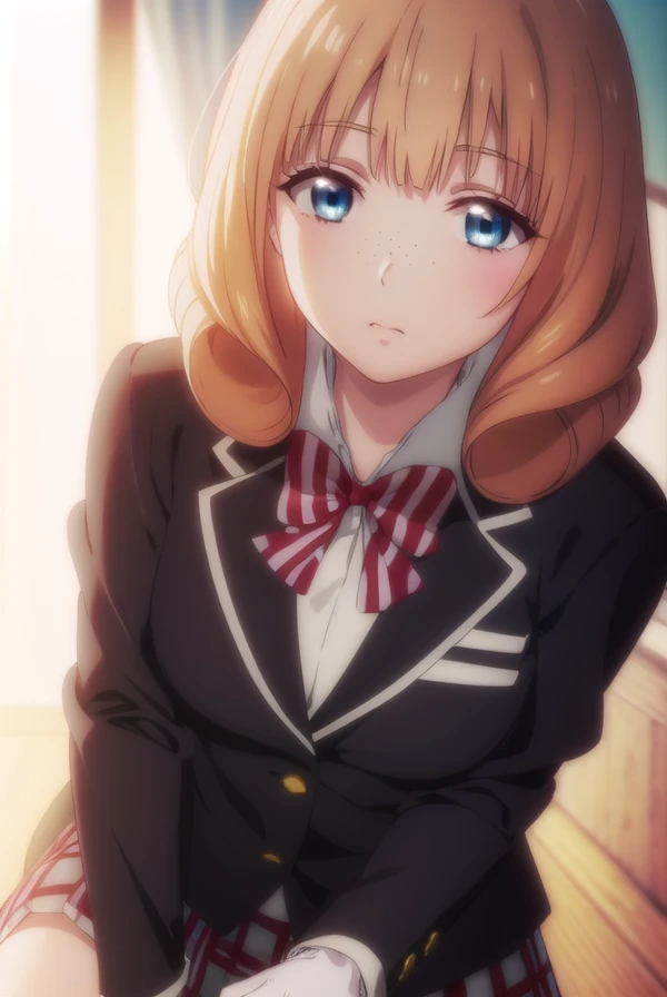 rikasaionji, <lora:rika saionji s1-lora-nochekaiser:1>,
rika saionji, blue eyes, orange hair, freckles,
BREAK skirt, gloves, bow, school uniform, jacket, plaid, plaid skirt, blazer,
BREAK indoors, classroom,
BREAK looking at viewer,
BREAK <lyco:GoodHands-beta2:1>, (masterpiece:1.2), best quality, high resolution, unity 8k wallpaper, (illustration:0.8), (beautiful detailed eyes:1.6), extremely detailed face, perfect lighting, extremely detailed CG, (perfect hands, perfect anatomy),