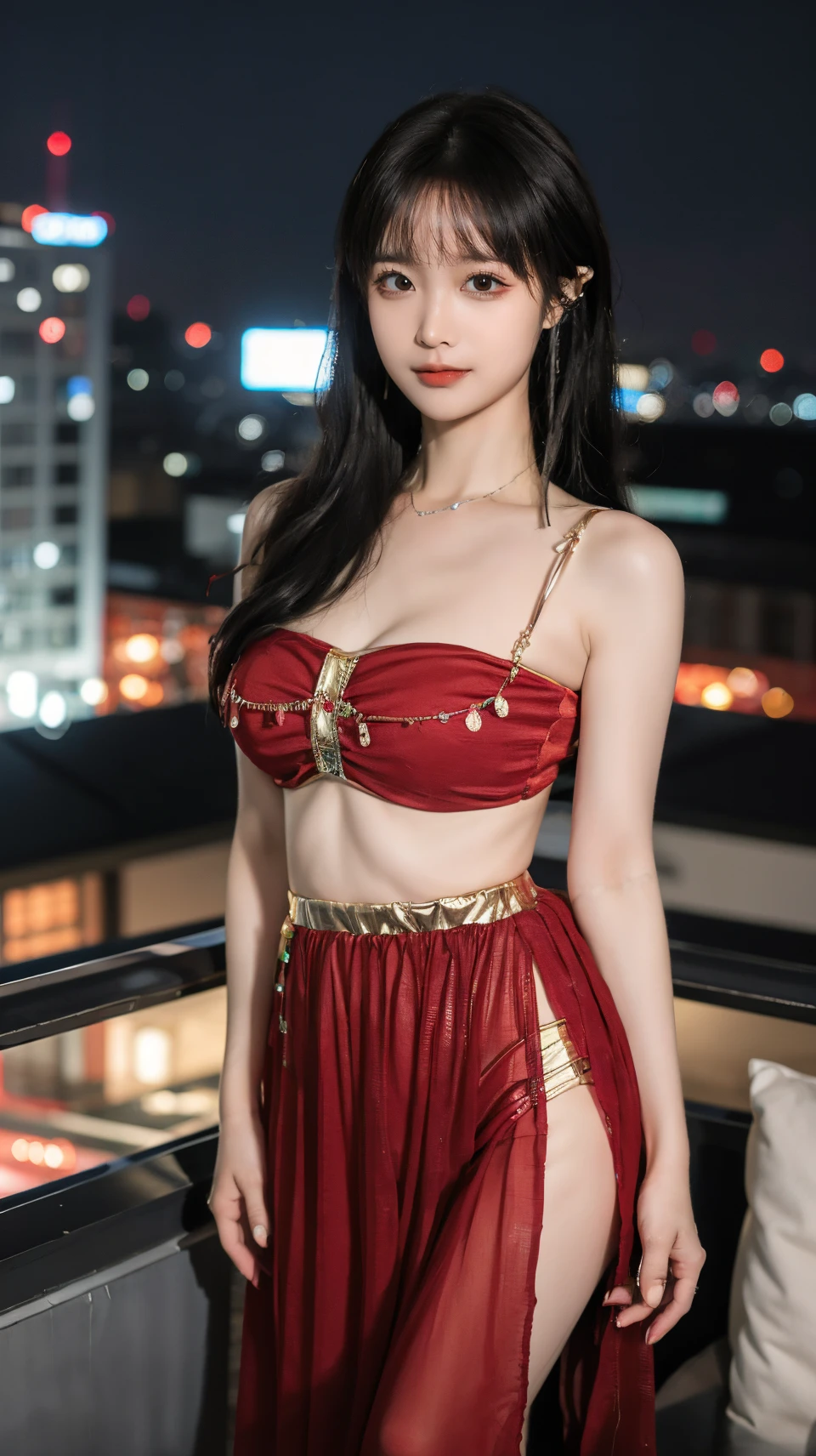 best quality,HDR,UHD,8K,Vivid Colors,solo,photo_(medium),pov,cute & girly,(night:1.4),(looking at viewer:1.5),tokyo \(city\),rooftop,standing,<lora:rc36:0.8>,rc,breasts,jewelry,midriff,red dress,<lora:momo:0.5>,