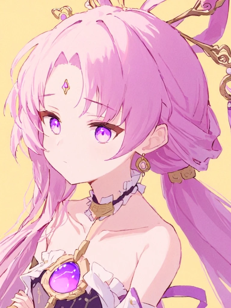 <lora:fuxuan2:1>,
1girl, solo, long_hair, crossed_arms, collarbone, bare_shoulders, closed_mouth, hair_rings, purple_eyes, upper_body, bangs, pink_hair, jewelry, purple_hair, yellow_background, earrings, dress, forehead_mark, looking_to_the_side, hair_ornament, parted_bangs, looking_away