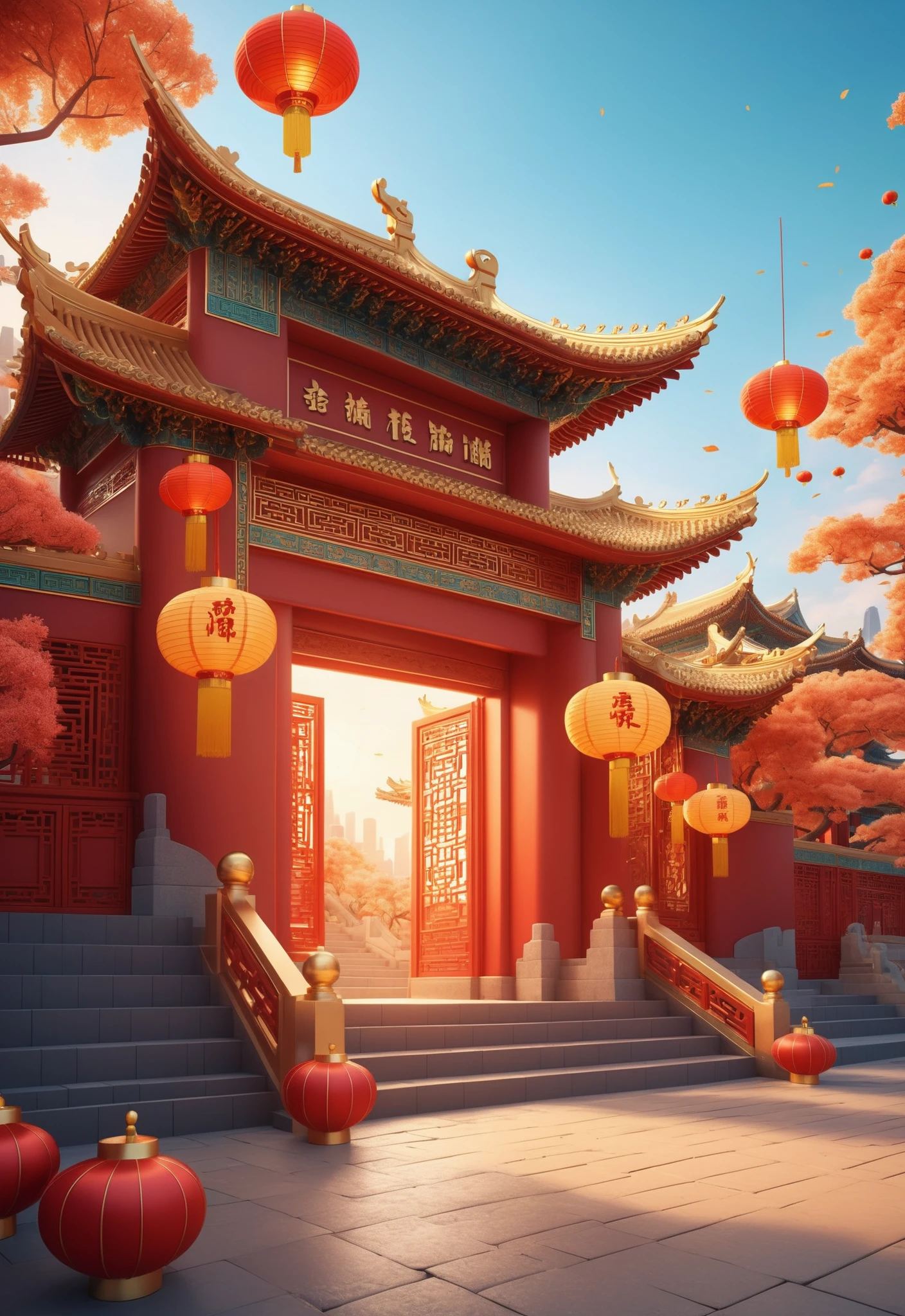 best quality, official art, 8k wallpaper, highly detailed, illustration, detailed eyes,xinnian\(guochao\),New Year, elegant color tone, side view of Chinese architectural gatehouses, stairs and corridors upwards, trees, lanterns,, rich detailsï¼ <lora:xinnian_v4-000002:0.4>
