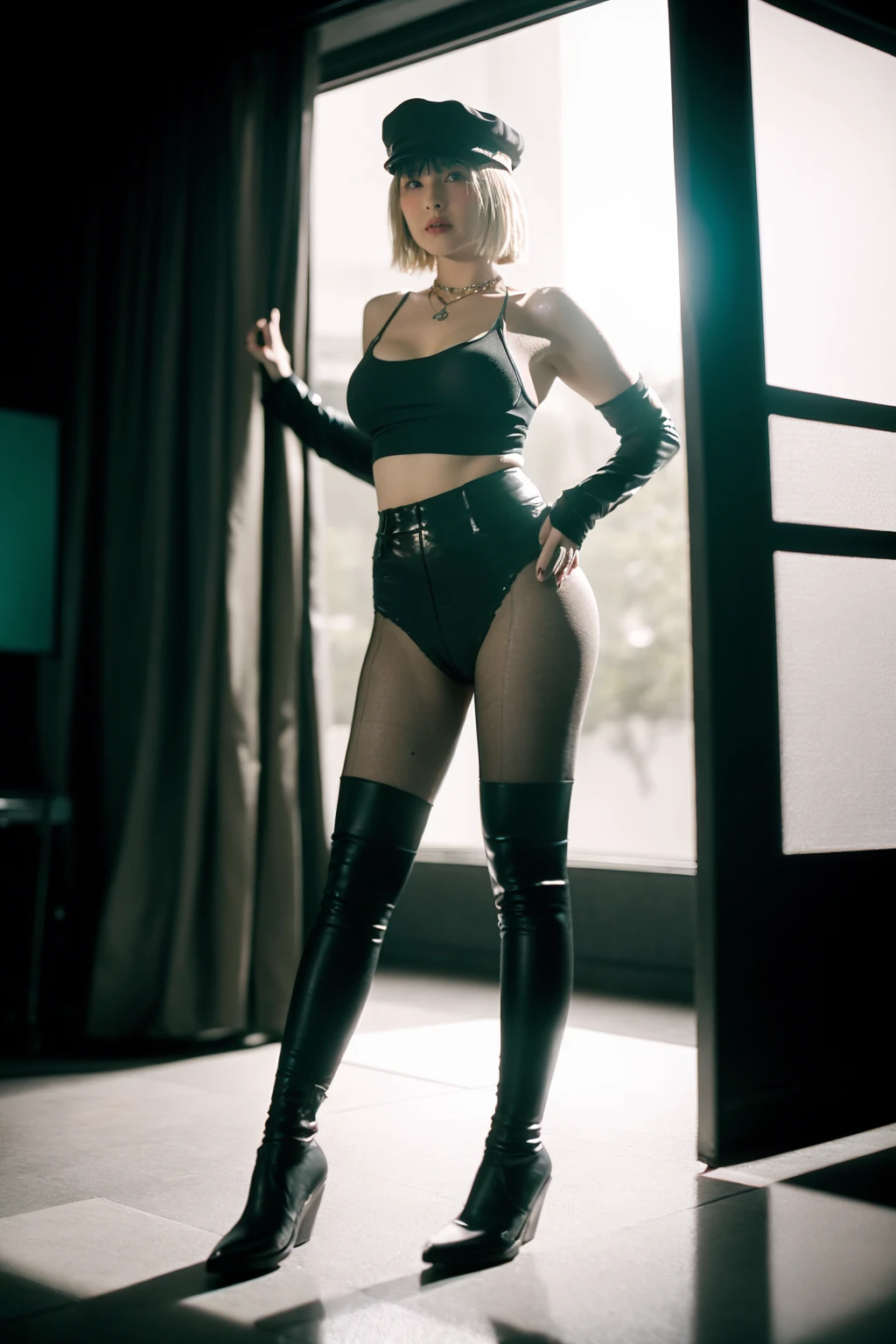 full body,(Cinematic Aesthetic:1.4),bokeh,foreshortening,depth of field,zaracbb,Photo of 1girl,solo,high-waist pantyhose,blonde hair,indoors,window,breasts,<lora:ZARACowboyBootsRealisticVer:1:lbw=FUZU>,bob cut,studio,studio light,hat,fashion,necklace,arms behind back,jewelry,