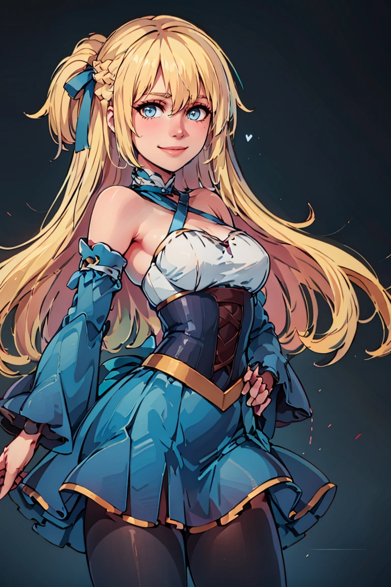 ((masterpiece,best quality)), <lora:Marina_Lucce_Maxetto_OC_v2:0.8>, Marina_Lucce_Maxetto_OC, 1girl, solo, blonde, very long hair, french braid, blue hair ribbon, frilled choker, criss-cross halter, sleeveless dress, high-waist skirt, blue backless dress, waist bow, detached sleeves, frilled sleeves, wide sleeves, pantyhose, solo, smiling, looking at viewer, cowboy shot, hand on hip,