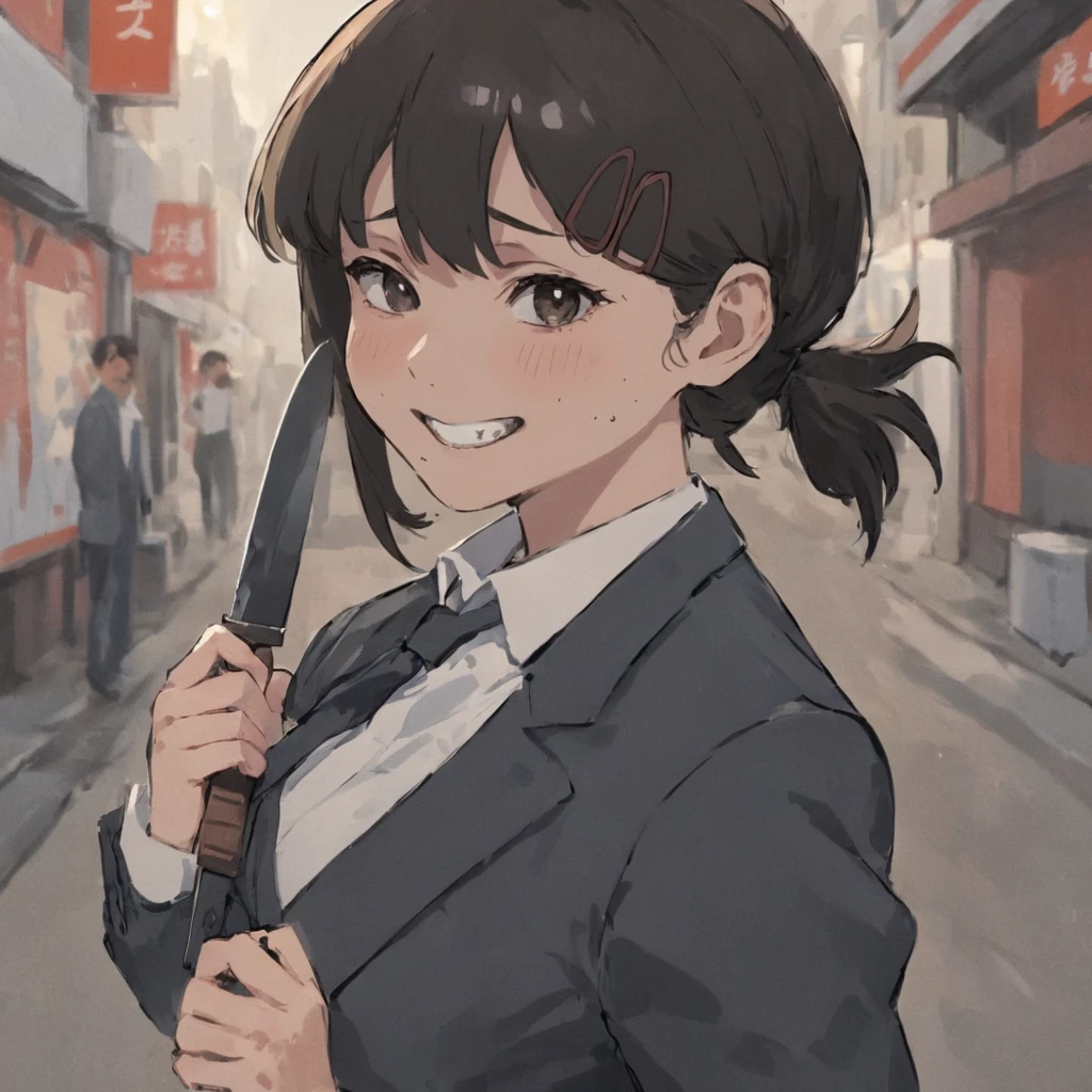 A masterpiece anime professional illustration of a woman named Higashiyama Kobeni holding a knife on street wearing suit, smile, closeup portrait, mole <lora:kobeni_xl-000006:1>