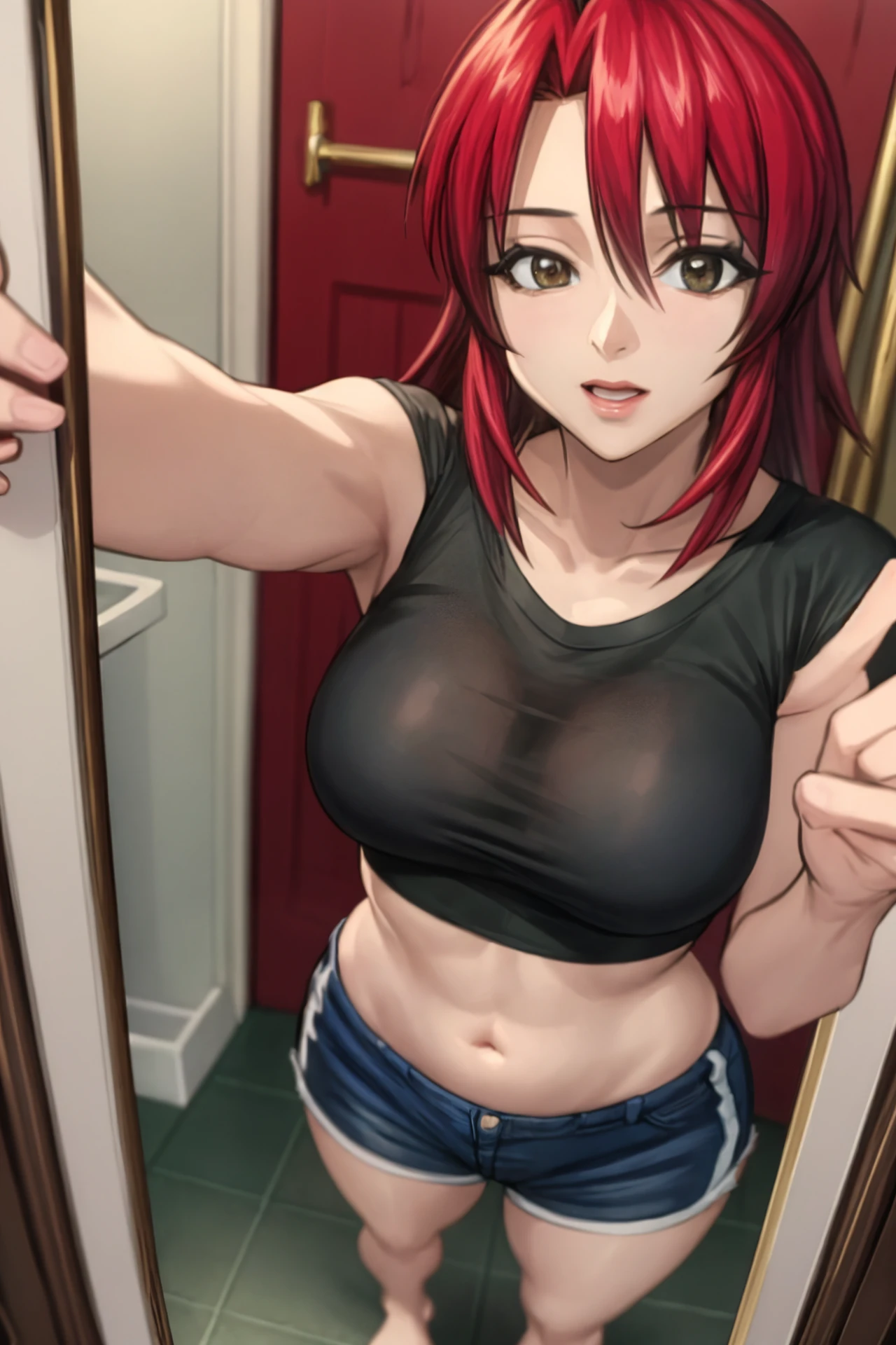 (masterpiece, best quality, high quality, highres), 1girl, YuuMikihara, 1girl, solo, phone, barefoot, shorts, selfie, cellphone, large breasts, standing, holding phone, shirt, indoors, holding, smartphone, black shirt, midriff, mirror, full body, reflection, navel, realistic, short hair, red hair, looking at phone, bathroom, crop top, <lora:YuuMikiharaV2:1>