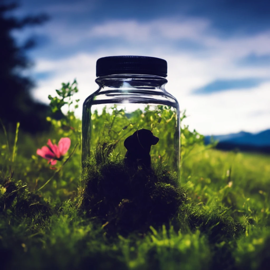 In a small circular glass jar, there are green mountains, rivers, grasslands, trees, flowers, and small dogs. The dark background is blurry, and no one is there. There is a light source on the top<lora:aquarium:1>