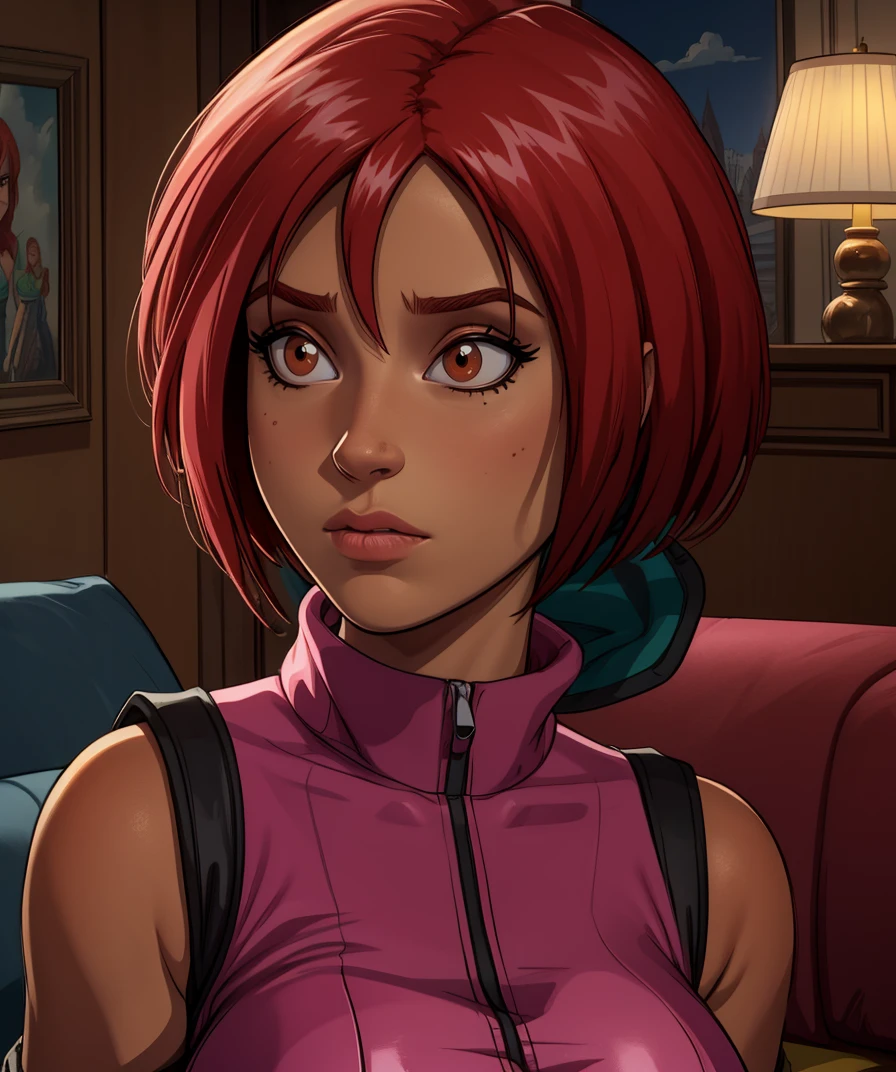 Will,short red hair,brown eyes,solo,pink crop jacket,
standing,upper body,jean,sleeveless,
living room,
(insanely detailed, beautiful detailed face, masterpiece, best quality) cinematic lighting,<lora:WillVandom-10W2:0.7>,