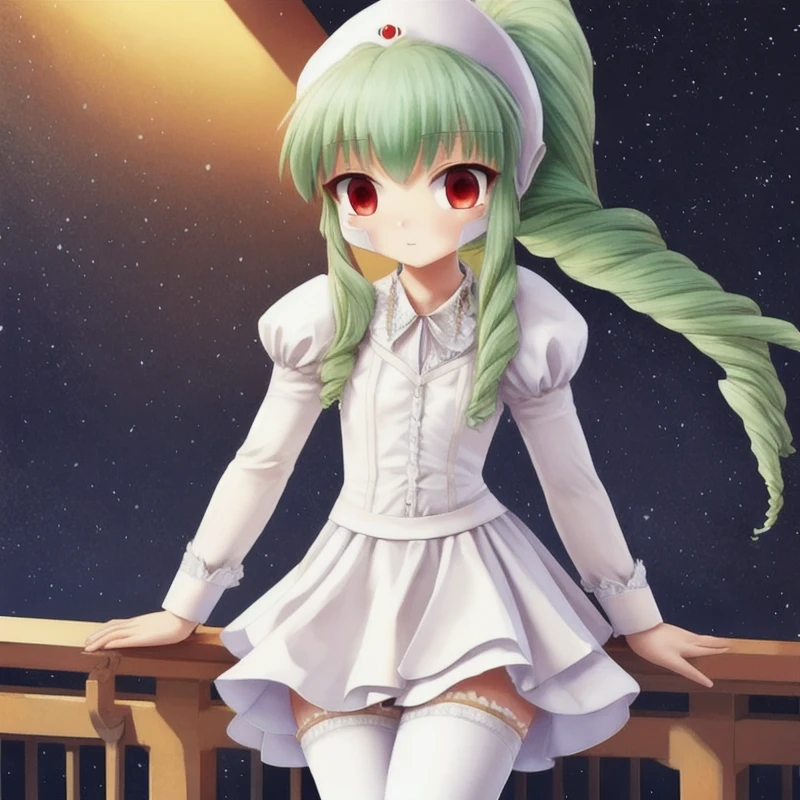 1girl, solo, masterpiece, best quality, illustration, absurdres, cute, film_grain, extremely detailed face, perfect lighting, cowboy shot, <lora:vanilla_h:0.9>, vanilla_h_galaxy_angel, green hair, dress, frills, green hair, juliet sleeves, long hair, long sleeves, ponytail, puffy sleeves, red eyes, white dress, pantyhose, white pantyhose, white legwear, thighhighs, science fiction, frilled skirt, white footwear, white skirt, drill hair, hat,