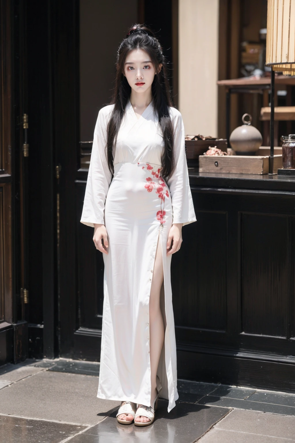 (best quality:1.4),(masterpiece:1.4),(photorealistic:1.4),(Realistic:1.2),(ultra high res, raw photo:1.4),(hdr, hyperdetailed:1.2),(8K:1.2),cinematic photo 1girl,(full body:1.4),white chinese clothes,<lora:AgainMixGirl_A2:1>,<lora:å¤é£å¥³å:0.6>,(black long straight hair:1.2),chinese style architecture,east asian,