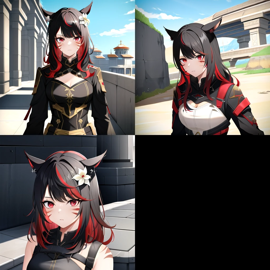 1girl, solo, ryn, pvp_glam, arena, red eyes, multicolored hair, black hair, (dark red hair gradient), miqo'te, facial mark, animal ears, cat ears, (head flower:0.8), white flower<lora:Ryn_WoL_4outfits_var2:0.6>