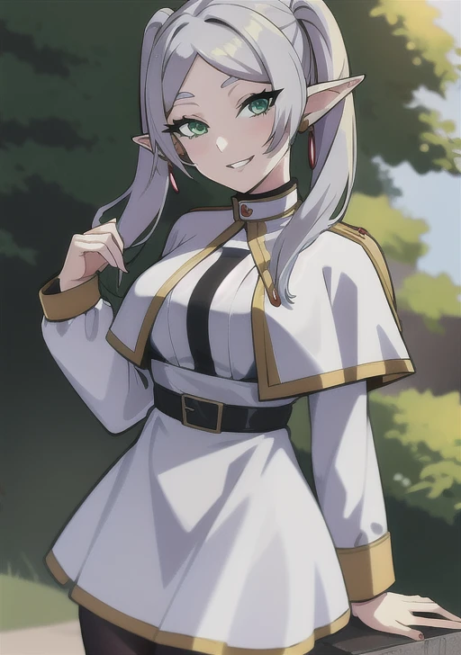 <lora:frieren:0.7>, frieren, 1girl, solo, long hair, breasts, looking at viewer, smile, bangs, long sleeves, dress, twintails, jewelry, green eyes, grey hair, pantyhose, cowboy shot, earrings, outdoors, parted lips, day, pointy ears, striped, belt, white dress, grin, arm up, black pantyhose, capelet, elf, arm behind back, black belt, white capelet ,