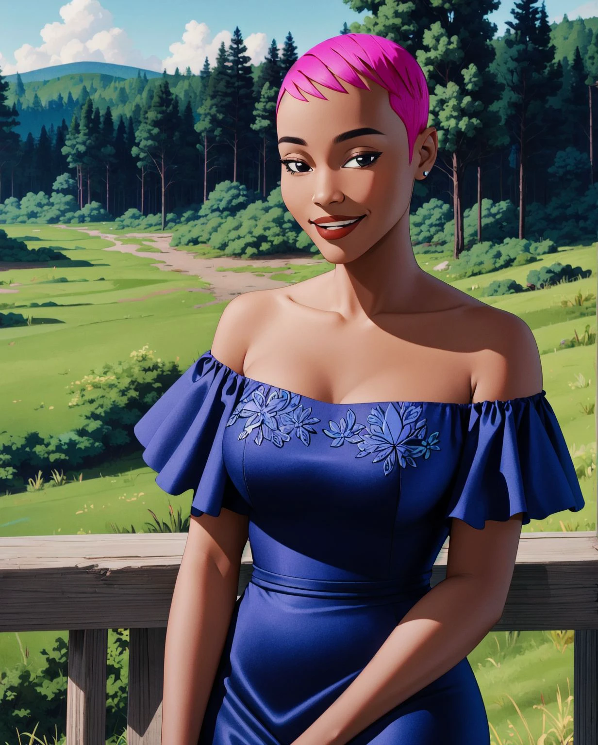 (intricately detailed, best quality, high resolution, highly detailed skin:1.4), <lora:m4x1n3BB:0.6> m4x1n3BB, (dark-skinned female, short BREAK pink hair:1.1), black eyes, (off-shoulder indigo-colored satin dress:1.2), (outdoor (prairie|northern forest) scene:1.2), looking at viewer, warm smile,