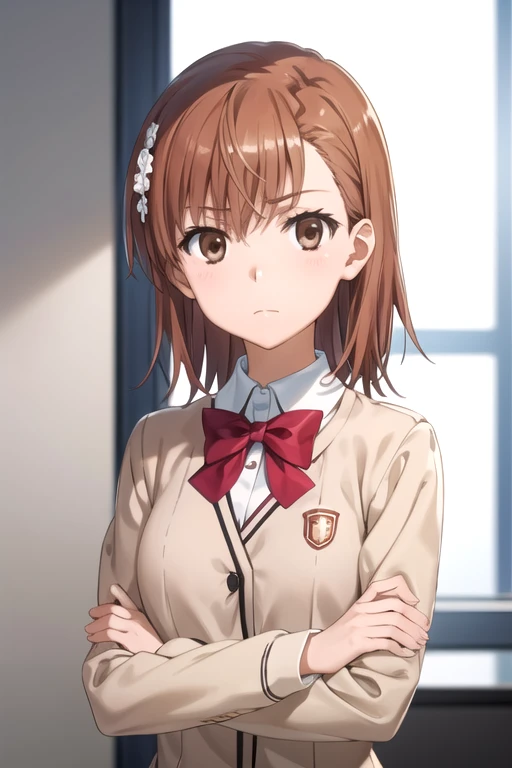 (((pixel-perfect, detail-perfect))), solo, 1girl, <lora:misaka-toaru-01:0.8>, misaka mikoto, tokiwadai school uniform, bow, looking at viewer, crossed arms, closed mouth, upper body