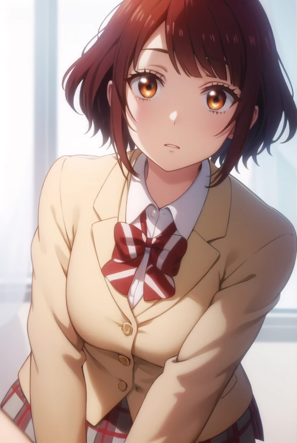 miyabiitou, <lora:miyabi itou s1-lora-nochekaiser:1>,
miyabi itou, short hair, brown hair, (brown eyes:1.3),
BREAK skirt, bow, school uniform, jacket, pleated skirt, plaid, plaid skirt, blazer,
BREAK indoors, classroom,
BREAK looking at viewer,
BREAK <lyco:GoodHands-beta2:1>, (masterpiece:1.2), best quality, high resolution, unity 8k wallpaper, (illustration:0.8), (beautiful detailed eyes:1.6), extremely detailed face, perfect lighting, extremely detailed CG, (perfect hands, perfect anatomy),