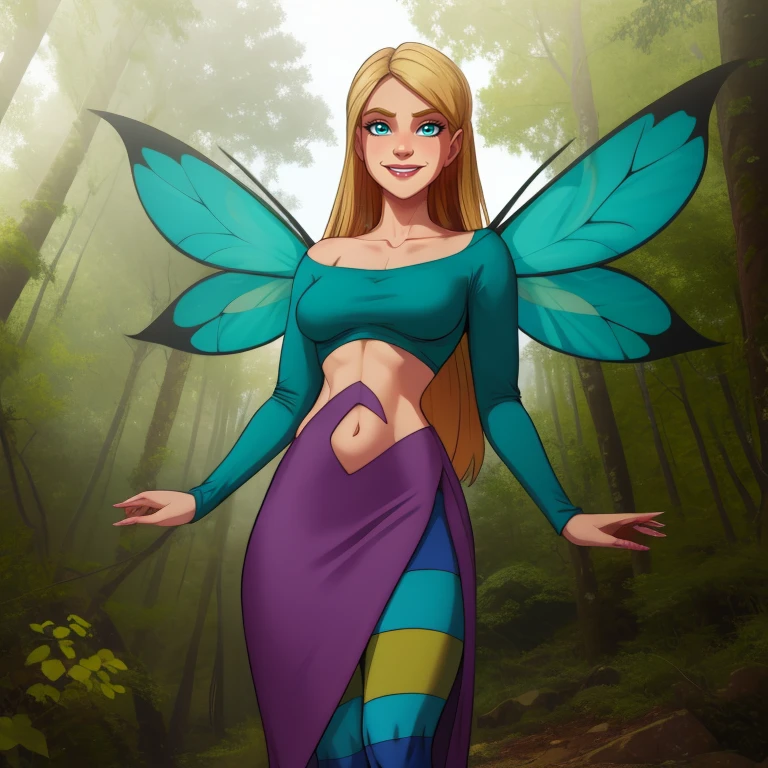 Cornelia,long blond hair,blue eyes,solo,smiling,
Hale,striped pantyhose,long purple skirt,fairy wings,purple boots,collarbone,long sleeves,teal crop top,
standing,from below,
morning,forest,earth,
(insanely detailed, beautiful detailed face, masterpiece, best quality),<lora:CorneliaHale-10W2:0.8>,
