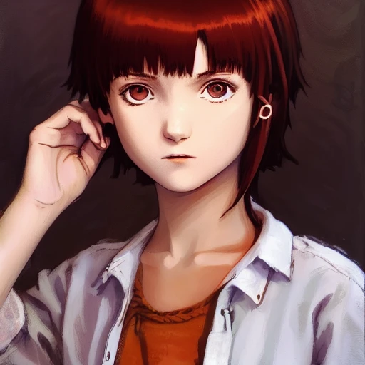 <lora:LainLora:1> , portrait of Lain74564pegdhjy,  cute-fine-face, pretty face, realistic shaded Perfect face, fine details. Anime. realistic shaded lighting by Ilya Kuvshinov Giuseppe Dangelico Pino and Michael Garmash and Rob Rey, IAMAG premiere, WLOP matte print, masterpiece, asymmetric hair