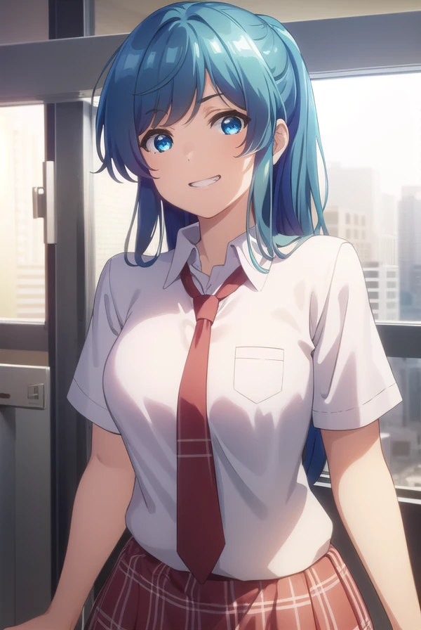 minaminanami, <lora:minami nanami s1-lora-nochekaiser:1>,
minami nanami, long hair, blue eyes, blue hair, ponytail, sidelocks, smile, grin,
BREAK skirt, shirt, school uniform, white shirt, short sleeves, necktie, plaid, plaid skirt, red necktie, brown skirt,
BREAK indoors, classroom,
BREAK looking at viewer,
BREAK <lyco:GoodHands-beta2:1>, (masterpiece:1.2), best quality, high resolution, unity 8k wallpaper, (illustration:0.8), (beautiful detailed eyes:1.6), extremely detailed face, perfect lighting, extremely detailed CG, (perfect hands, perfect anatomy),