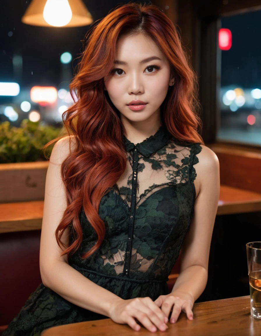 (medium shot, upper body:1.3) photo of a pondering, (closed mouth:1.5) hopeful petite young 29 year old (Cantonese:1.3) (porn star:1.3) woman with long wavy angled red hair, black eyes, (small breasts:1.3), big ass, (perfect hands:1.3).
She is wearing a (camoflauge lace long flowing dress, sneakers:1.1).
She is sexy bending facing right, in a restaurant with vehicles and lights, midnight, raining.
detailed skin texture, detailed cloth texture, detailed face, (intricate sharp details:1.5), ultra high res
