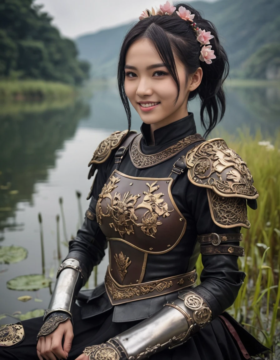 (medium shot, zoomed in upper body:1.3) (wuxia fantasy style:1.5) photo of a grinning, (perfect teeth:1.3) horny strong young 20 year old (Manchu:1.3) woman with short straight angled black hair, brown eyes, (tiny breasts:1.3), toned ass, (perfect hands:1.3).
She is wearing (leather armor and boots:1.1).
She is sitting facing diagonal to camera, in a (gothic fantasy:1.3) lake with flowers and small mushrooms, evening, bright.
detailed skin texture, detailed cloth texture, detailed face, (intricate sharp details:1.5), ultra high res