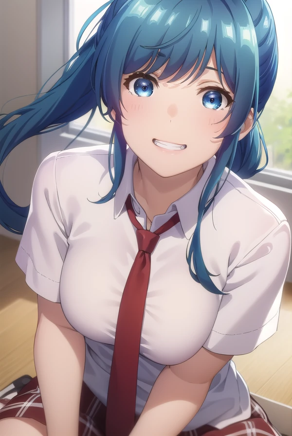 minaminanami, <lora:minami nanami s1-lora-nochekaiser:1>,
minami nanami, long hair, blue eyes, blue hair, ponytail, sidelocks, smile, grin,
BREAK skirt, shirt, school uniform, white shirt, short sleeves, necktie, plaid, plaid skirt, red necktie, brown skirt,
BREAK indoors, classroom,
BREAK looking at viewer,
BREAK <lyco:GoodHands-beta2:1>, (masterpiece:1.2), best quality, high resolution, unity 8k wallpaper, (illustration:0.8), (beautiful detailed eyes:1.6), extremely detailed face, perfect lighting, extremely detailed CG, (perfect hands, perfect anatomy),