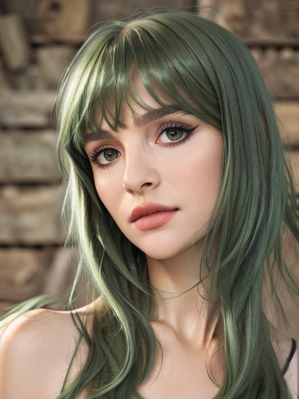 gquality, <lora:brenda:1> basnicar, 1girl, solo, looking at viewer, brown eyes, bangs, simple background, closed mouth, green hair, blunt bangs, portrait, realistic, makeup, eyeliner, medium hair, simple background, grey background