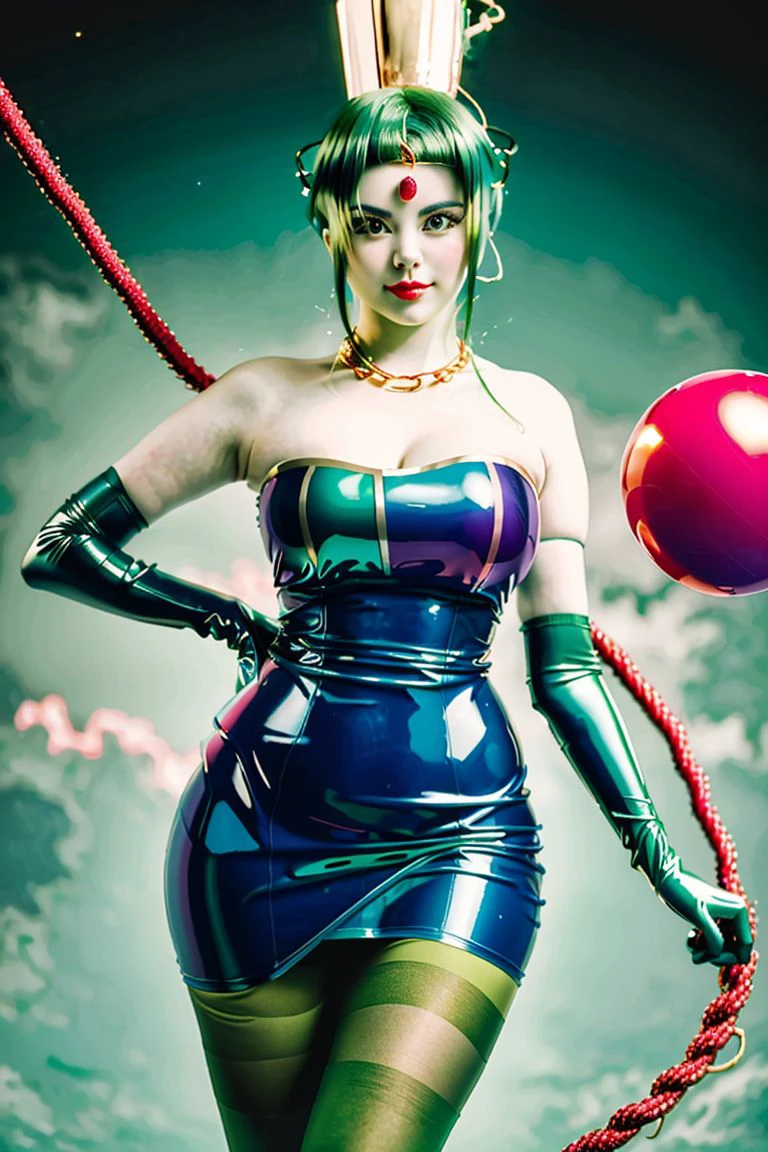 high resolution, masterpiece, high quality, perfect face, <lora:Atsugessho:1>, Atsugessho, blue latex bodycon dress, long blue gloves, medium green hair, green tights, large breasts, gold headpiece, pale blue skin, red gem on forehead, pink mist, (cosmetics_store), holding red ball on rope, necklace, seductive smirk, (extremely glossy)