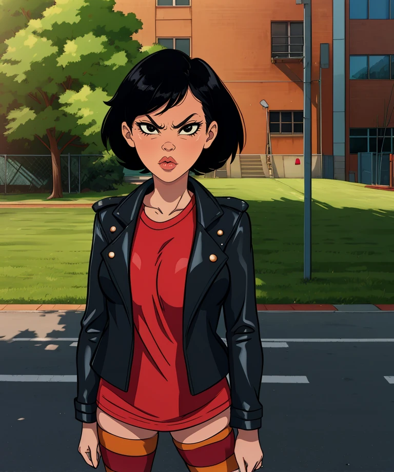 Ashley,black eyes,lips,black hair,short hair,
red shirt,leather jacket,striped legwear,oversized shirt,
standing,serious,
school yard,outdoors,
(insanely detailed, beautiful detailed face, masterpiece, best quality),solo,<lora:ashley:0.8>,