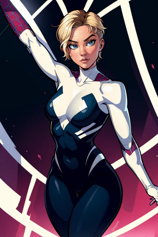masterpiece,best quality,extreme detail,8k,image sharpness,<lora:Gwen:0.8>,gwendolyn,1girl,solo,short hair,blue eyes,blonde hair,superhero,spider web sprint,standing pose,(curvy),