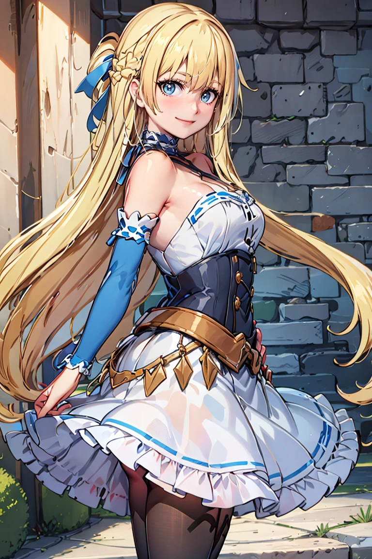 <lora:twistedscarlett60_style:0.8>,((masterpiece,best quality)), <lora:Marina_Lucce_Maxetto_OC_v2:0.8>, Marina_Lucce_Maxetto_OC, 1girl, solo, blonde, very long hair, french braid, hair ribbon, frilled choker, criss-cross halter, sleeveless dress, high-waist skirt, backless dress, waist bow, detached sleeves, frilled sleeves, wide sleeves, pantyhose, solo, smiling, looking at viewer, cowboy shot, side view, head tilt,