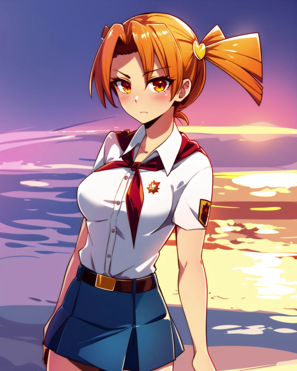 masterpiece, high quality, blalisa, 1girl, cowboy shot, dynamic shot, orange eyes, orange hair, short twintails, white shirt, red badge on shirt, red bow-tied neckerchief, leather belt, blue skirt, yellow hairpin, outdoors, beach, evening, sunglare, <lora:blalisa-000006:0.75>, <lora:add_detail:0.5>