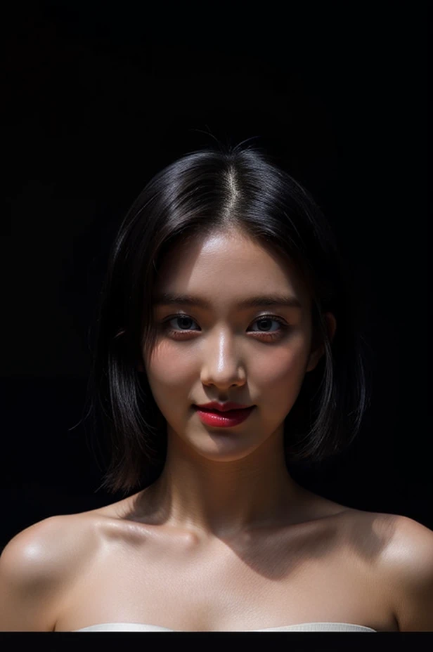 Best quality, masterpiece, ultra high res, (photorealistic:1.4), (extremely detailed eyes), (((strapless))), raw photo, (((covered chest))), 1girl, solo, realistic, (looking at viewer), upper body, ((plain black background:1.5)), (face lighting:1.5), bare shoulders, smile, (((short black hair))), <lora:gaeullorashy:0.7>