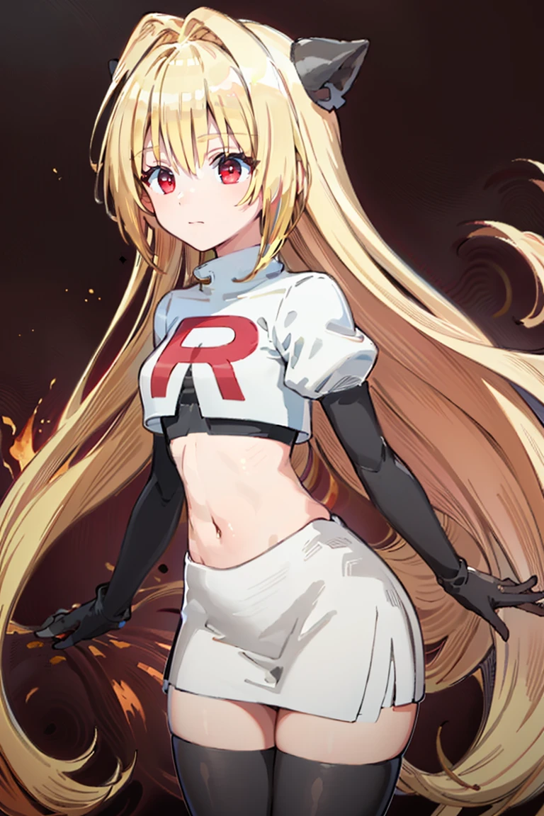 <lora:Cosplay_TeamRocket_v2:0.8>, ((masterpiece,best quality)), Cosplay_TeamRocket, white jacket, cropped jacket, white skirt, elbow gloves, black thighhighs, zettai ryouiki, (finely detailed beautiful eyes: 1.2), phyami, yaminor, 1girl, solo, blonde hair, long hair, red eyes, very long hair, <lora:yami-v1:1.0>,