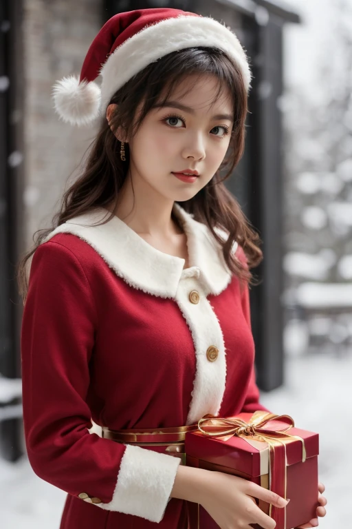 1girl, solo, wearing santa claus outfit, christmas theme, snow christmas background in the morning , mature body, upper body, holding red box of present, realistic,, (mature body), (upper body:1.5), nikon RAW photo,8 k, Fujifilm XT3,masterpiece, best quality, realistic, photorealistic, ultra detailed, extremely detailed face, solo,1girl, standing, fashionable and trendy atmosphere, and a stylish expression on her face, close up, (narrow waist),