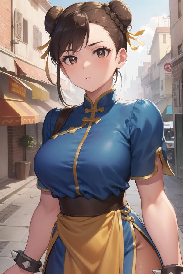 chunli, <lora:chun li v2-lora-nochekaiser:1>,
chun li, (brown eyes:1.7), brown hair, (bun cover:1.5), double bun, eyeliner, hair bun, lipstick, makeup, pink lips,
BREAK blue dress, boots, bracelet, brown pantyhose, china dress, chinese clothes, cross-laced footwear, dress, gold trim, jewelry, pantyhose, pelvic curtain, puffy sleeves, sash, short sleeves, side slit, spiked bracelet, spikes, white footwear,
BREAK outdoors,
BREAK looking at viewer, full body,
BREAK <lyco:GoodHands-beta2:1>, (masterpiece:1.2), best quality, high resolution, unity 8k wallpaper, (illustration:0.8), (beautiful detailed eyes:1.6), extremely detailed face, perfect lighting, extremely detailed CG, (perfect hands, perfect anatomy),