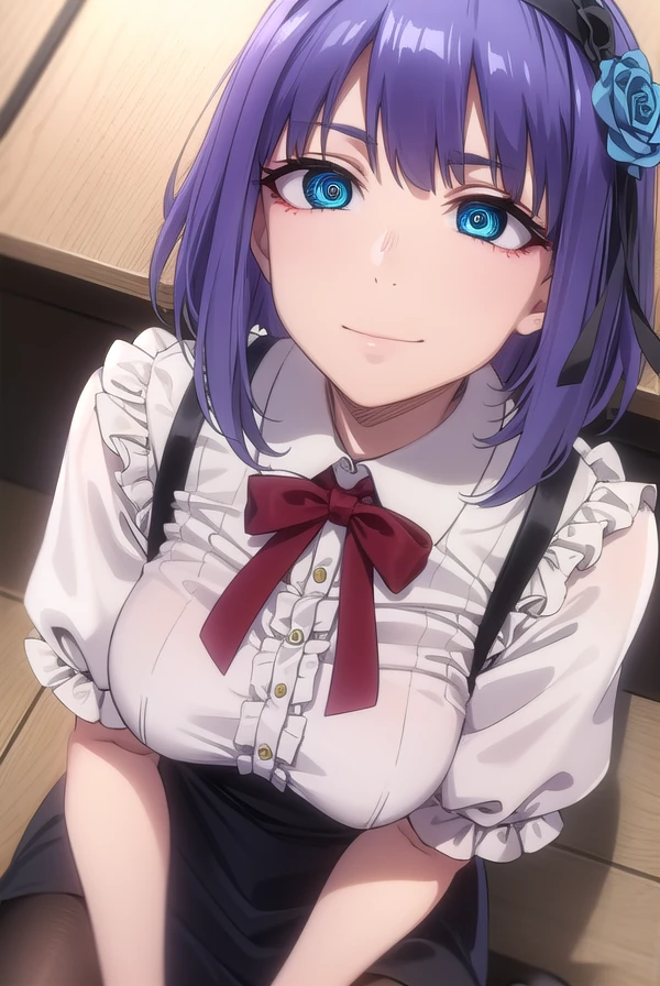 hotarushidare, <lora:hotaru shidare s2-lora-nochekaiser:1>,
hotaru shidare, short hair, blue eyes, hair ornament, purple hair, flower, hairband, hair flower, (ringed eyes:1.5), smile,
BREAK skirt, pantyhose, high heels, black pantyhose, high-waist skirt, shirt, frilled shirt, bowtie, red bowtie, puffy sleeves, short sleeves, white shirt,
BREAK outdoors,
BREAK looking at viewer,
BREAK <lyco:GoodHands-beta2:1>, (masterpiece:1.2), best quality, high resolution, unity 8k wallpaper, (illustration:0.8), (beautiful detailed eyes:1.6), extremely detailed face, perfect lighting, extremely detailed CG, (perfect hands, perfect anatomy),