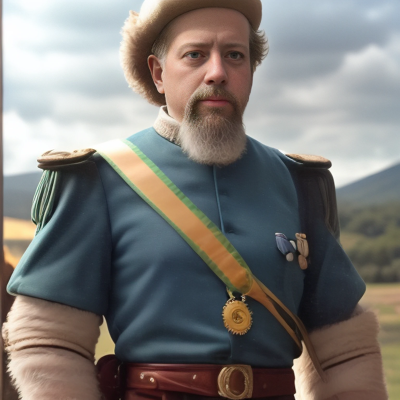 cinematic photo  <lora:roca:0.95> 1 man, (blue eyes) ,semi-bald,hd,christmas hat,sharpen edge,white beard,short hair,serious eyes, upperbody,(argentine military suit with gold details and medals:1.4),in battle field, stormy day, cloudy sky, rim lighting, looking at camera, texture skiin, octane render,professional photographer,4k <lora:lcm-lora-sdv1-5:1>,40years old, high contrast,film grain,kodak,(nature background:1.4), outside
 . 35mm photograph, film, bokeh, professional, 4k, highly detailed