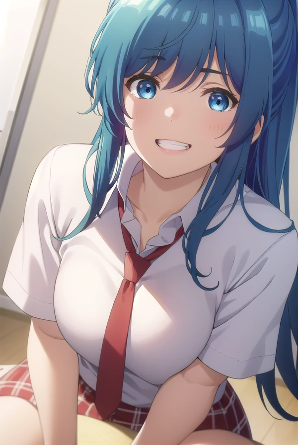 minaminanami, <lora:minami nanami s1-lora-nochekaiser:1>,
minami nanami, long hair, blue eyes, blue hair, ponytail, sidelocks, smile, grin,
BREAK skirt, shirt, school uniform, white shirt, short sleeves, necktie, plaid, plaid skirt, red necktie, brown skirt,
BREAK indoors, classroom,
BREAK looking at viewer,
BREAK <lyco:GoodHands-beta2:1>, (masterpiece:1.2), best quality, high resolution, unity 8k wallpaper, (illustration:0.8), (beautiful detailed eyes:1.6), extremely detailed face, perfect lighting, extremely detailed CG, (perfect hands, perfect anatomy),