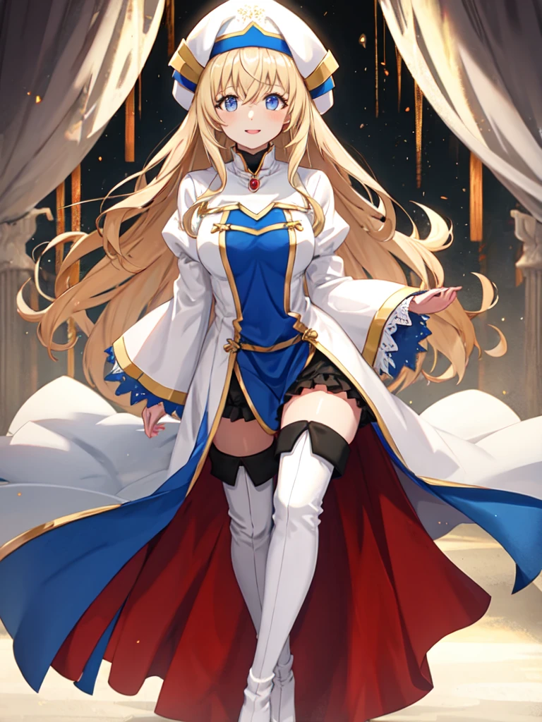 <lora:Priestess:1> priestess \(goblin slayer\), blonde hair, long hair, blue eyes, white headwear, dress, long sleeves, hat, thighhighs, thigh boots