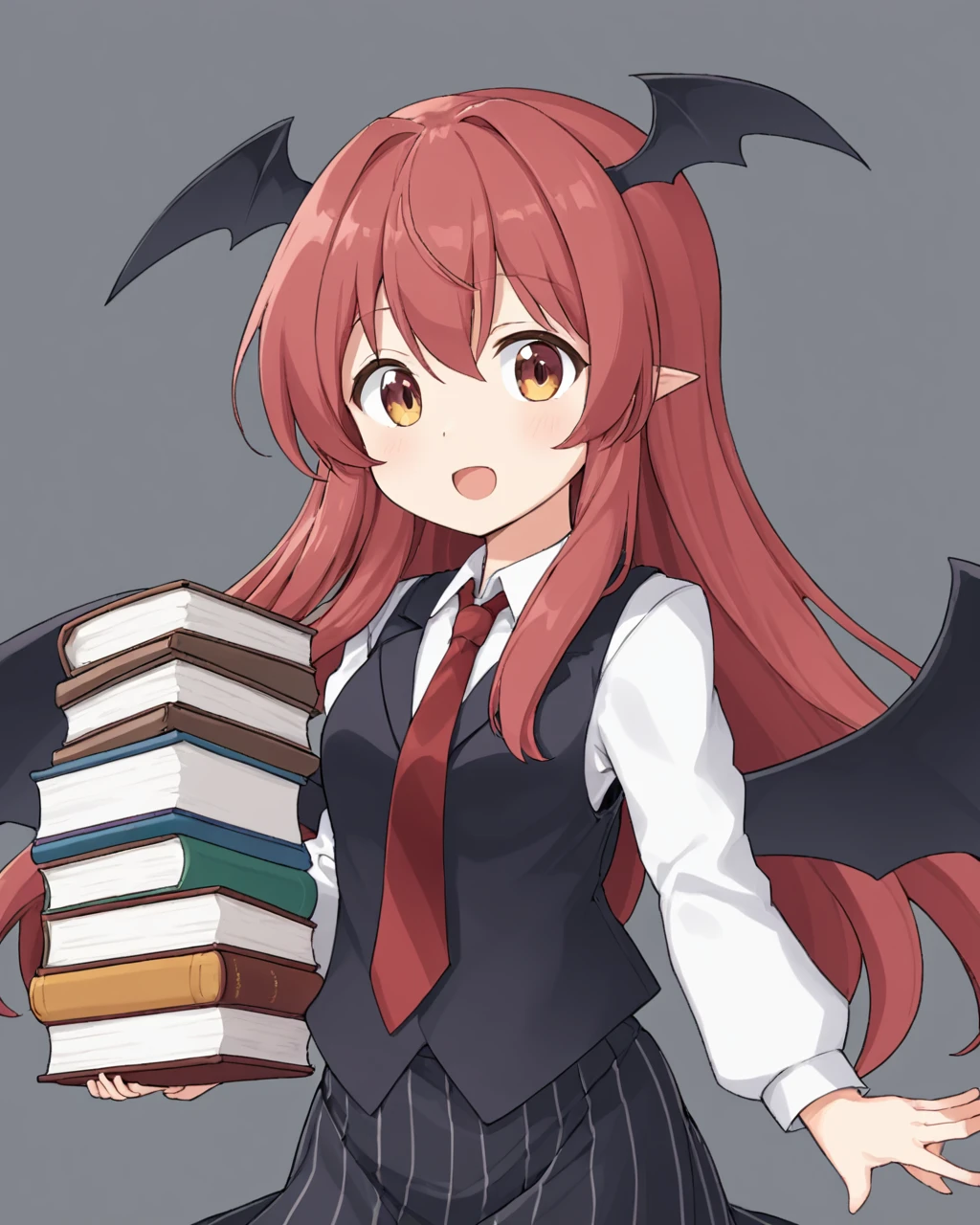 koakuma,1girl, head_wings, solo, :d, book_stack, holding_book, open_mouth, long_sleeves, white_shirt, bat_wings, black_vest, red_necktie, grey_background, sidelocks, collared_shirt, simple_background, black_skirt, striped
<lora:koakuma_image4390_2023-12-14-000008:1>,star-shaped_pupils,symbol-shaped_pupils,. gorgeous,key visual, vibrant, studio anime,award-winning, professional, highly detailed,high budget, cinemascope