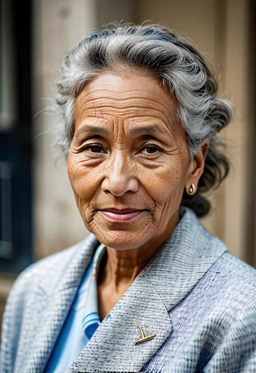 1 woman, 50 yos, close up, mi xup, solo, natural hair, standing on the street, elegant outfit, RAW photo, (high detailed skin:1.2), 8k uhd, dslr, high quality, film grain, Fujifilm XT3, visible pores