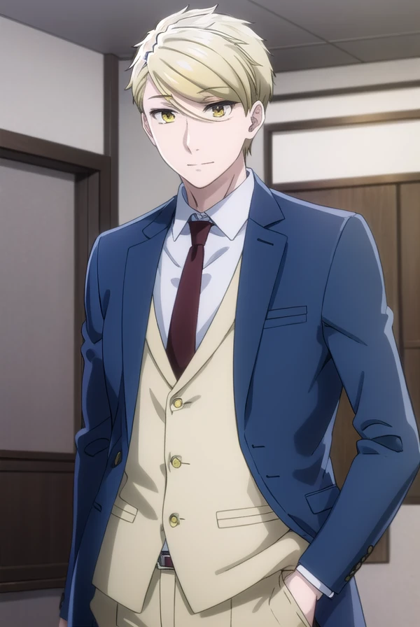 ryouamakusa, <lora:ryou amakusa s1-lora-nochekaiser:1>,
ryou amakusa, short hair, blonde hair, (yellow eyes:1.5), male focus, smile,
BREAK shirt, long sleeves, jacket, white shirt, necktie, pants, formal, blazer, suit, red necktie,
BREAK indoors, office,
BREAK looking at viewer, (cowboy shot:1.5),
BREAK <lyco:GoodHands-beta2:1>, (masterpiece:1.2), best quality, high resolution, unity 8k wallpaper, (illustration:0.8), (beautiful detailed eyes:1.6), extremely detailed face, perfect lighting, extremely detailed CG, (perfect hands, perfect anatomy),