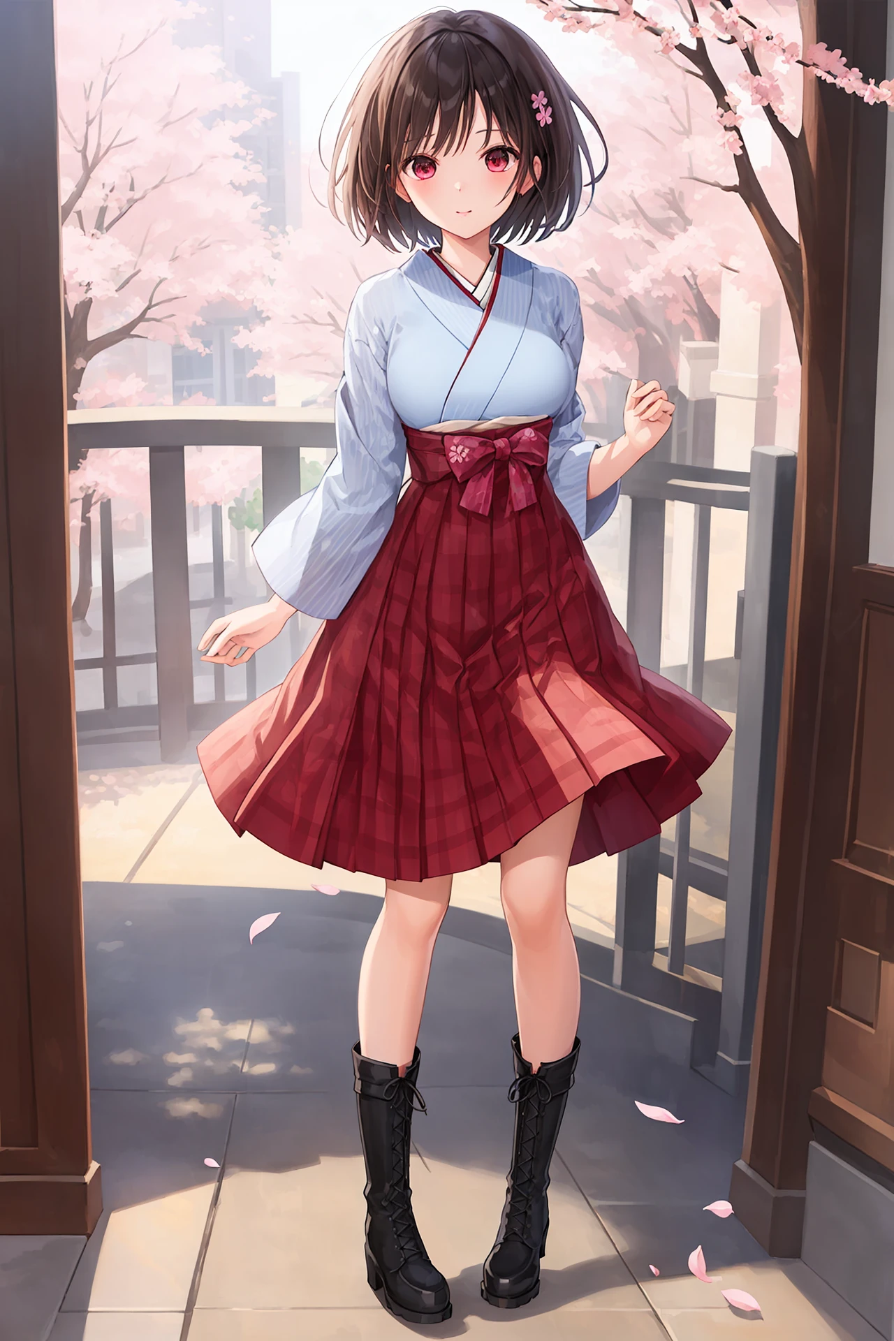 A small chest:1.3),(masterpiece, best quality:1.4), 1girl, hand fan, solo, skirt,  holding folding fan, standing on one leg, holding, hair bun,  red skirt, double bun, standing, long sleeves, full body, black footwear,  shoes,  shirt, thighhighs,  black hair, kneehighs, leg up, pleated skirt, white shirt,  full body <lora:more_details:0.3>, <lyco:GoodHands-beta2:0.8>,