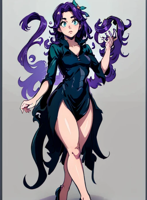 best quality, (masterpiece),(ultra-detailed), (high quality), (high resolution), <lora:Tatsumaki:0.7>, tatsumaki cosplay, dress, black dress, cosplay, shoes, <lora:abigail:0.7> abigail, purple hair, aqua eyes, hair ribbon, long hair
