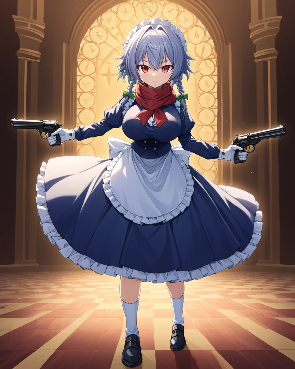 izayoi sakuya,1girl, solo, red_scarf, maid_headdress, maid, large_breasts, checkered_floor, dual_wielding, twin_braids, rifle, pocket_watch, full_body, white_gloves, looking_at_viewer, hair_bow, long_sleeves, maid_apron, handgun, black_dress
<lora:izayoi_sakuya_image4179_2023-12-11-000007:1>,star-shaped_pupils,symbol-shaped_pupils,. gorgeous,key visual, vibrant, studio anime,award-winning, professional, highly detailed,high budget, cinemascope