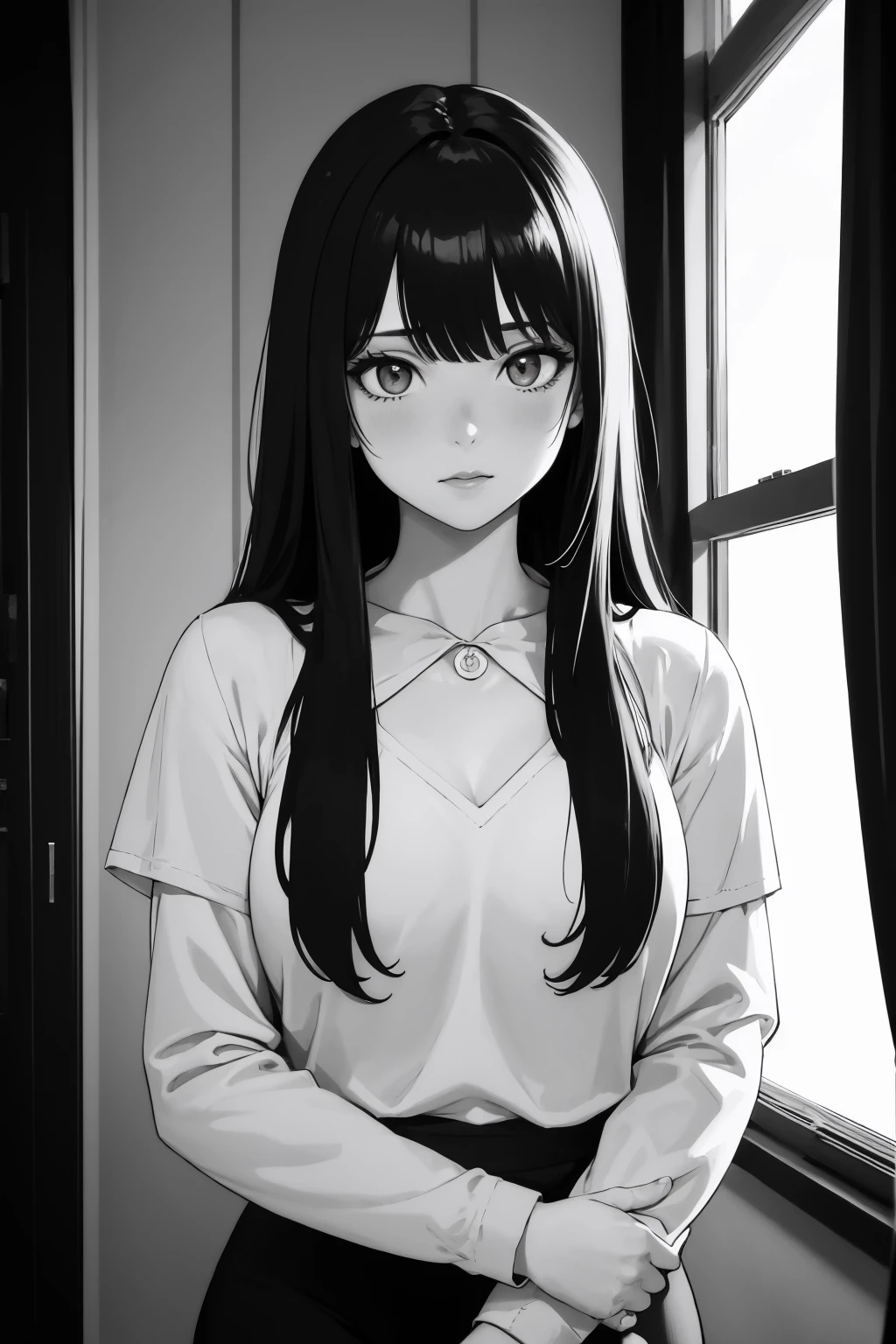 (masterpiece, best quality:1.2), 1girl, monochrome, greyscale, solo, long hair, hime cut, bangs, black hair,