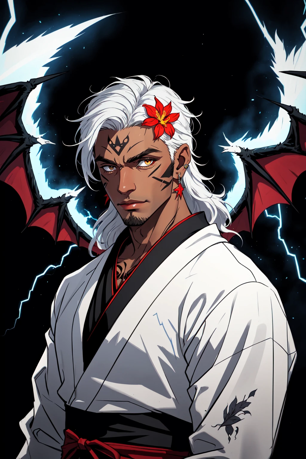 1boy, male focus, mature male, solo, long hair, closed mouth, maori, tan skin, dark skinned male, pasifika, tattoo, facial tattoo, upper body, flower, hair ornament, jewelry, two tone hair, red hair, streaked hair, white hair, earrings, japanese clothes, hair flower, kimono, lips, white flower, bat wings, demon wings, black feathered wings, glowing, lightning bolts, magic, specular highlights, black background, white kimono,