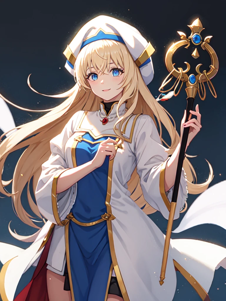 <lora:Priestess:1> priestess \(goblin slayer\), blonde hair, long hair, blue eyes, white headwear, staff, holding staff