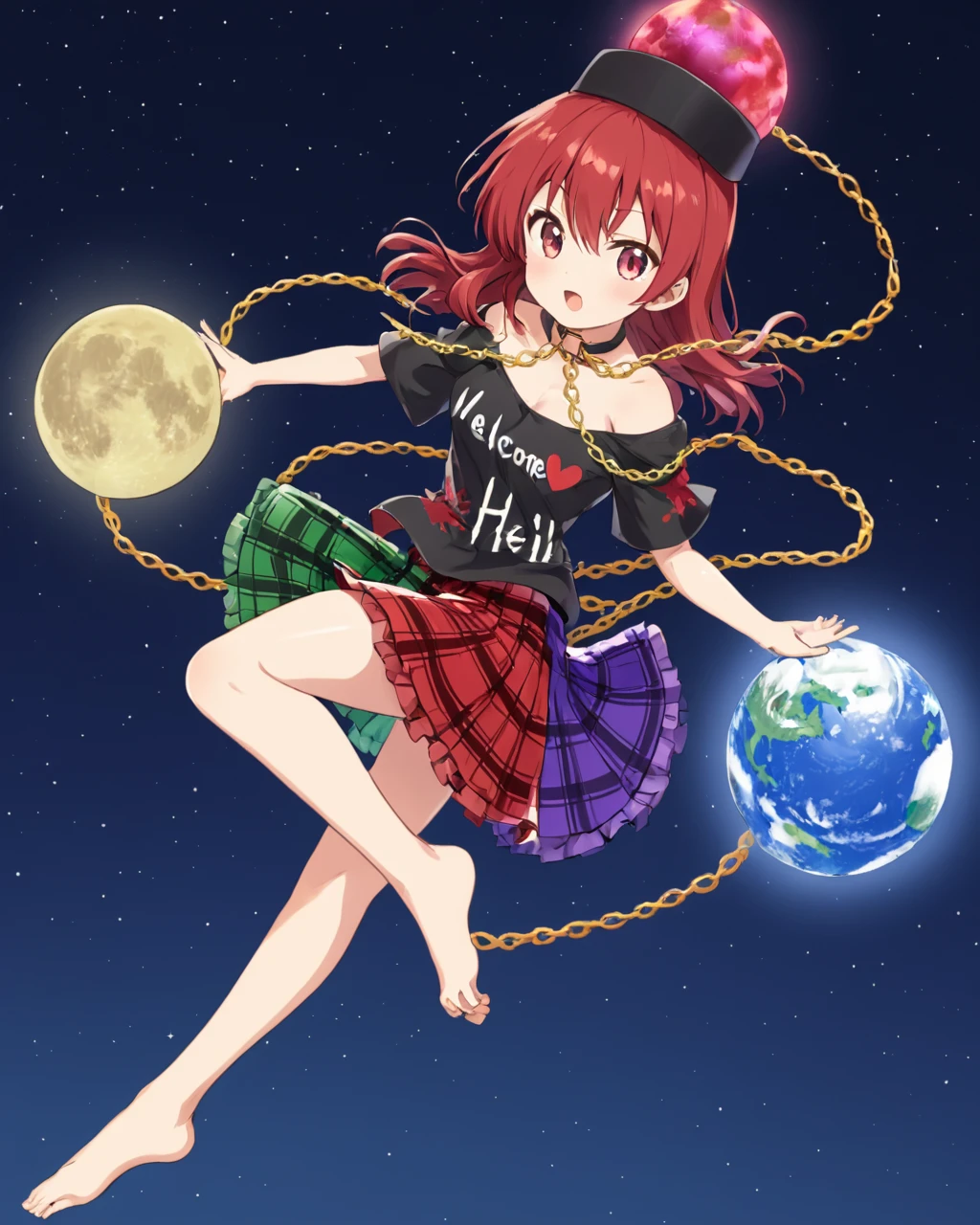 hecatia lapislazuli,1girl, solo, multicolored_skirt, clothes_writing, polos_crown, barefoot, moon_\(ornament\), open_mouth, earth_\(ornament\), black_shirt, off-shoulder_shirt, full_body, bare_shoulders, bare_legs, gold_chain, t-shirt, miniskirt, plaid_skirt, short_sleeves, hat, looking_at_viewer, :d, collar, heart
<lora:hecatia_lapislazuli_image2747_2023-12-20:1>,star-shaped_pupils,symbol-shaped_pupils,. gorgeous,key visual, vibrant, studio anime,award-winning, professional, highly detailed,high budget, cinemascope